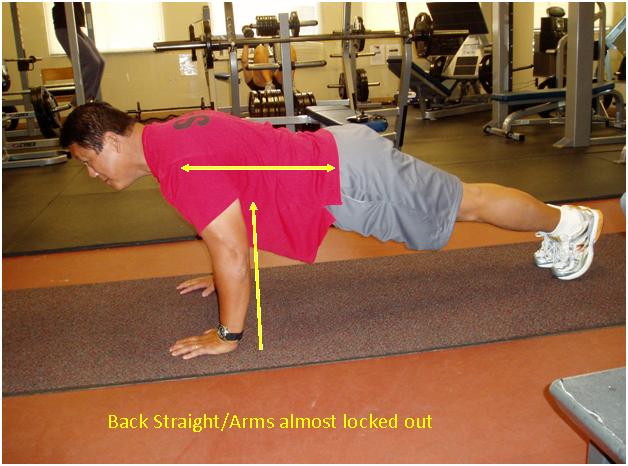 Back straight and arms almost locked out in the up position