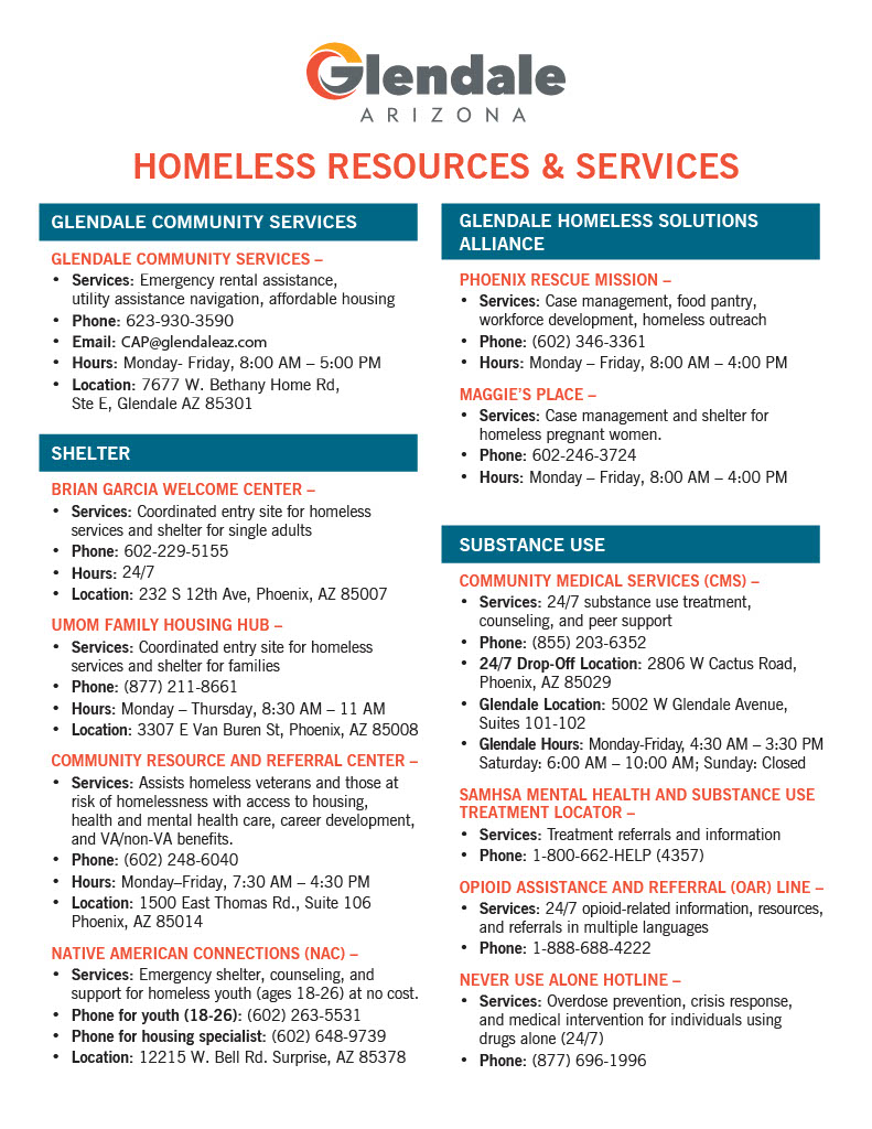 Page 1 of Homeless resource flier including services for shelter, substance use, mental health and more